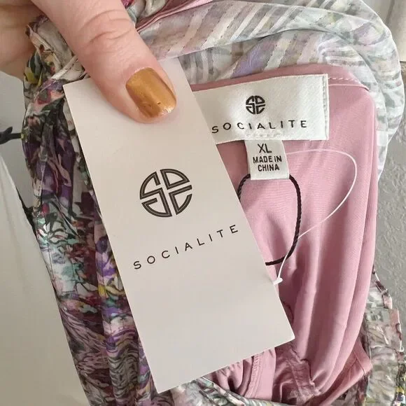 NWT Socialite Metallic Floral Print Tiered Sleeveless Purple Green Dress Size XL - Picture 6 of 7